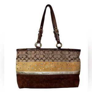 Coach Large Jacquard Tote Brown Suede with Canvas Purse Handbag Womens